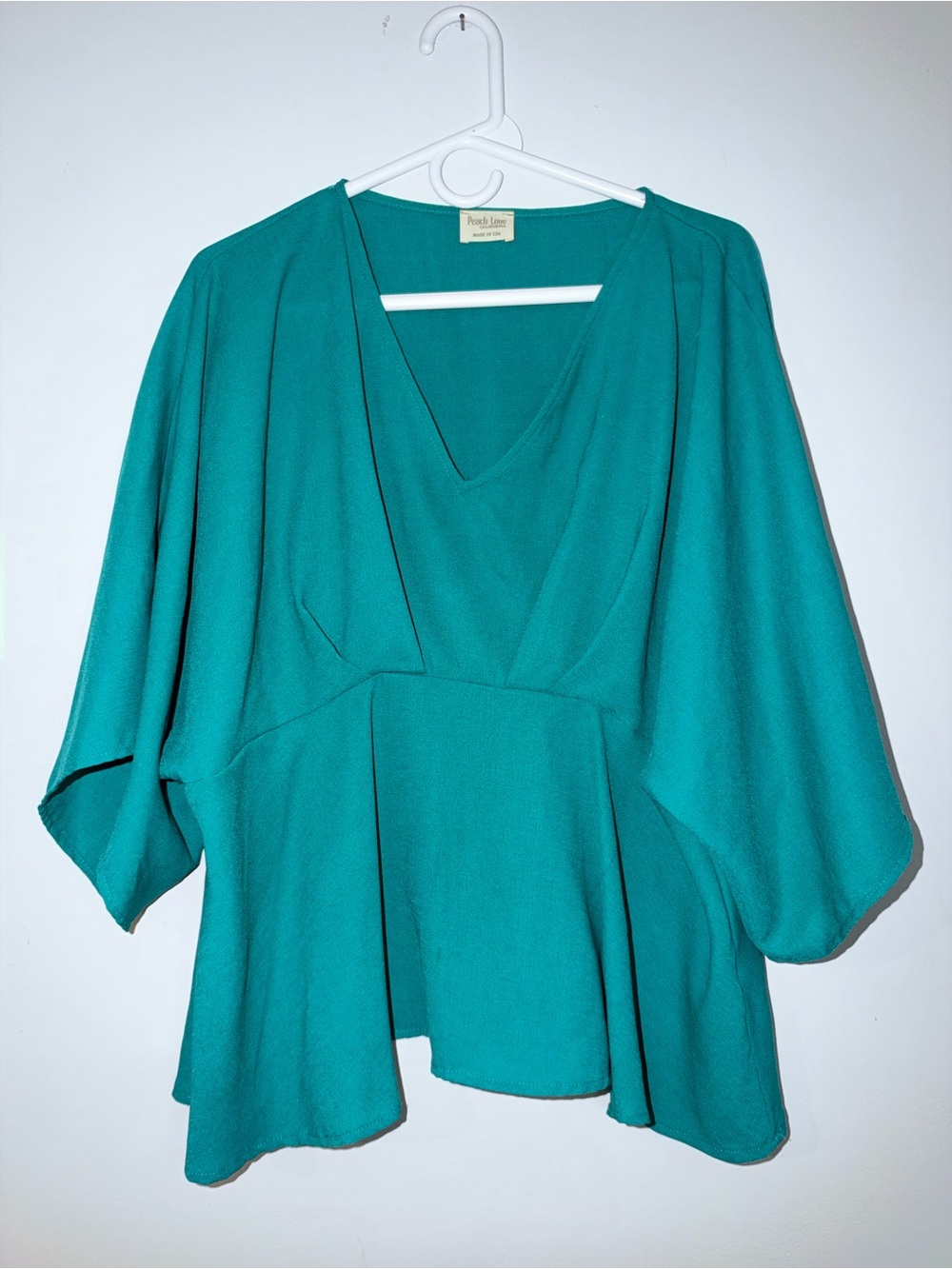 Teal Kimono Sleeve Peplum Blouse Deep V Flowy Boho Large